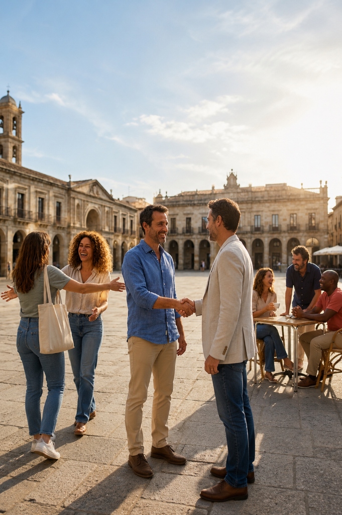 Personas saludándose en una plaza española